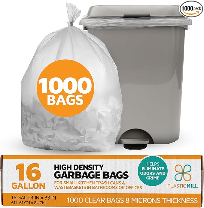 PlasticMill Heavy Duty Trash Bags - Clear Garbage Bags - Plastic Trash Bags - Kitchen Bathroom Office Garbage Bags Trash Can Liners - 12-16 Gallon Small Trash Bags 8 Microns 24x33 (1000-Count)