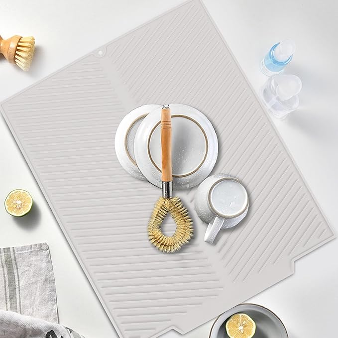 Draining Board Mat Non Slip Silicone Dish Drying Mat Flume Drain Board Drainer Mat for Kitchen Countertop Tabletop Accessories (White)