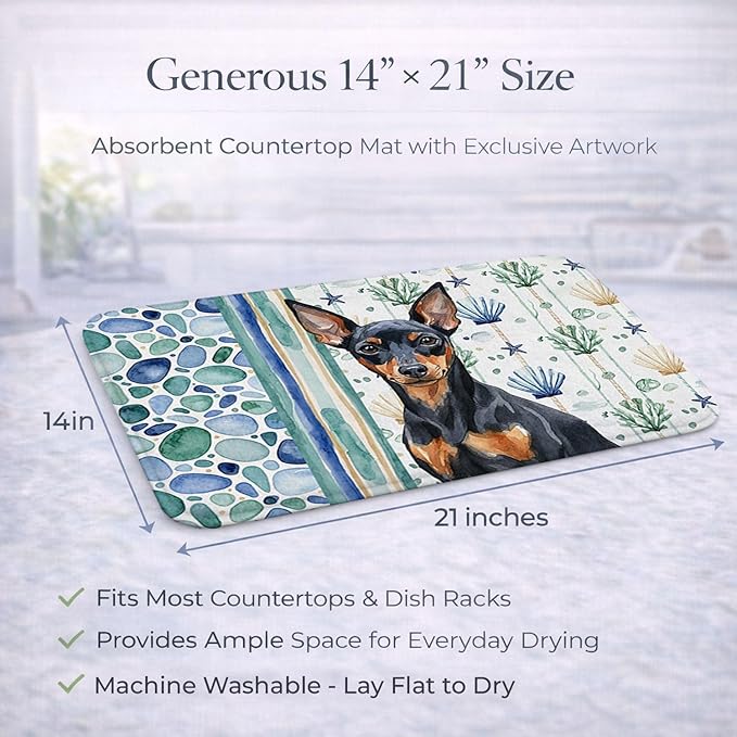 Caroline's Treasures Black and Tan Miniature Pinscher Coastal Sea Glass Dish Drying Mat Absorbent Dish Drying Mat Pad for Kitchen Counter Dish Drainer Mat for Countertop 14 x 21 Multicolor