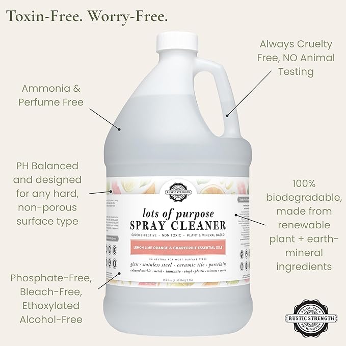 Rustic Strength Lots of Purpose Spray Cleaner Lemon Lime Orange &amp Grapefruit Multi-Surface pH Balanced Non-Toxic Biodegradable 1 Gallon Plastic
