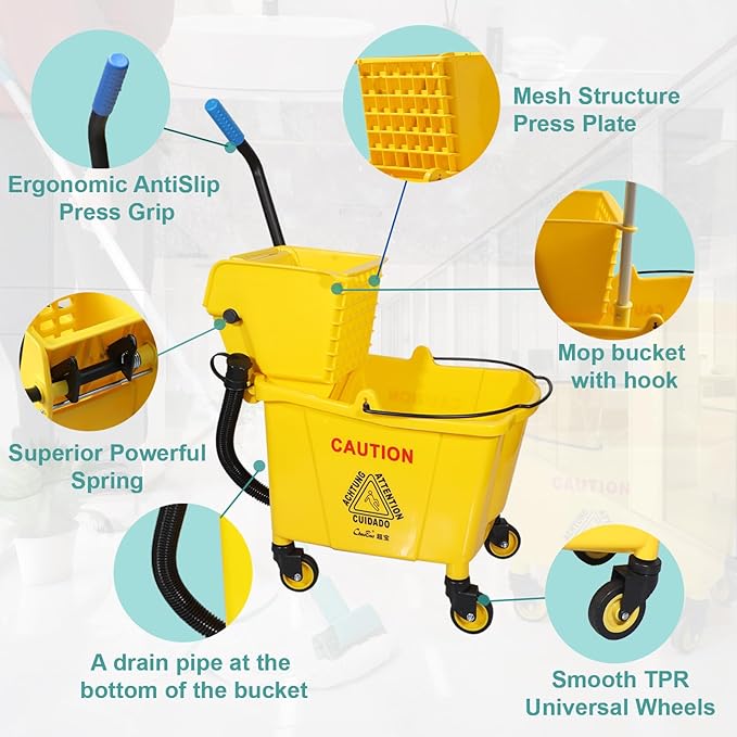 Side Press Wringer Combo Commercial Mop Bucket on Wheels 35 QuartYellow Including Commercial Mop and Rubber Gloves