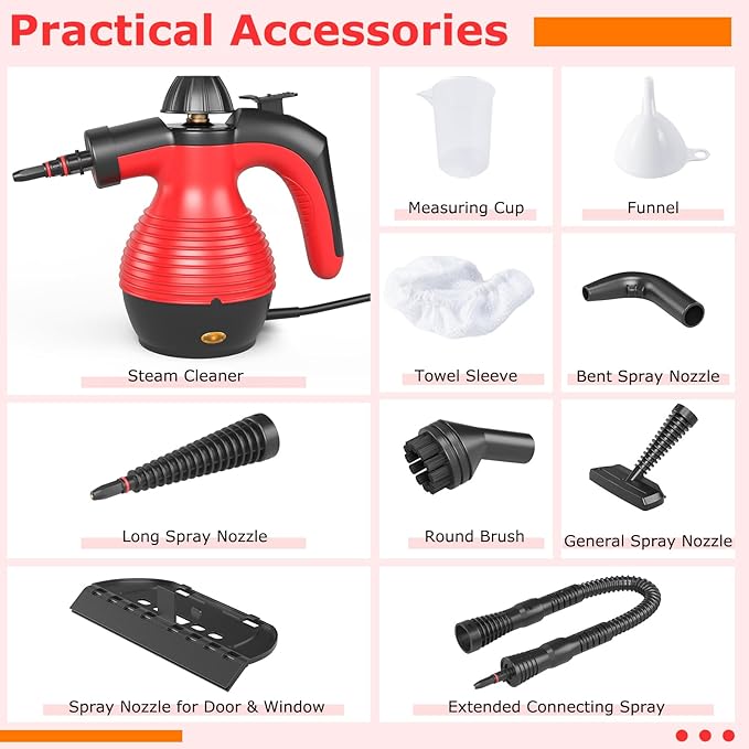 COSTWAY Handheld Steam Cleaner 1050W Portable Household Steamer with 9 Accessories 12 oz Water Tank Multipurpose Pressurized Steam Cleaning Machine for Floor Window Grease Grime (Red)
