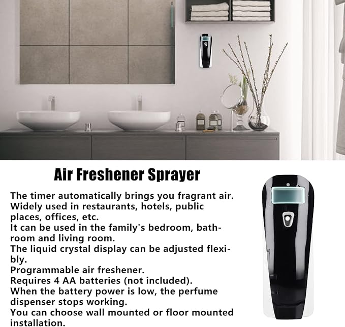 Automatic LCD Display Fragrance Sprayer Wall Mounted Air Freshener Dispenser Black Plastic Battery Operated with Timer for Home Office Public Spaces