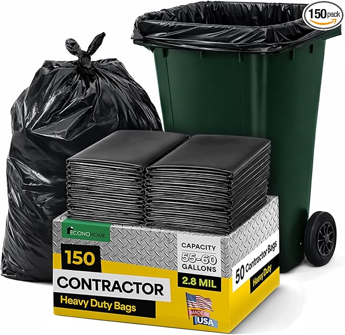 EconoHome 55-60 Gallon Contractor Garbage Bags - 2.8 Mil Extra Thick Heavy Duty Trash Bags for Construction Lawn &amp Yard Cleanup Demo &amp Commercial Use - Made in USA - 38x53 - 150-Count