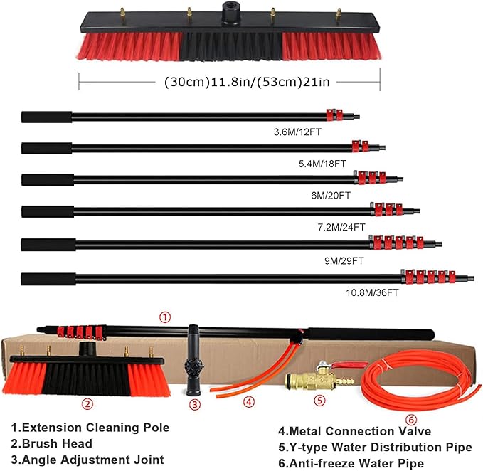 Water Fed Pole Kit Adjustable Telescopic Window Cleaning Pole with 180° Rotatable Brush Head for Outdoor Glass and Solar Panel Washing