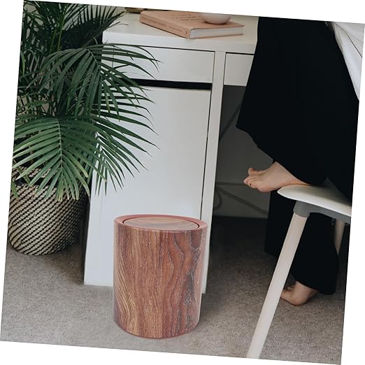 ABOOFAN Wood Grain Round Trash Can with Flip Lid Medium Capacity Garbage Bin for Home Use Compact Wastebasket for Living Room Kitchen and Bathroom Management
