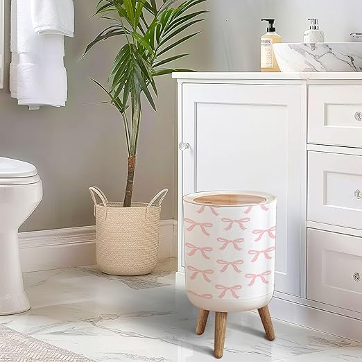 Small Trash Can with Lid Cute Coquette Seamless Pink Ribbon Bow White Garbage Cans Round Wastebasket 1.8 Gallon Dog Proof Trash Can Waste Basket for Bathroom Office Dorm Decor