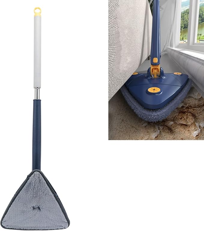 Triangular Upkeep Mop | 360 Rotating Head for Walls / Ceilings / Corners | Adjustable Long Handle 51 Inch | Superfine Fiber Pad Stainless Steel &amp ABS
