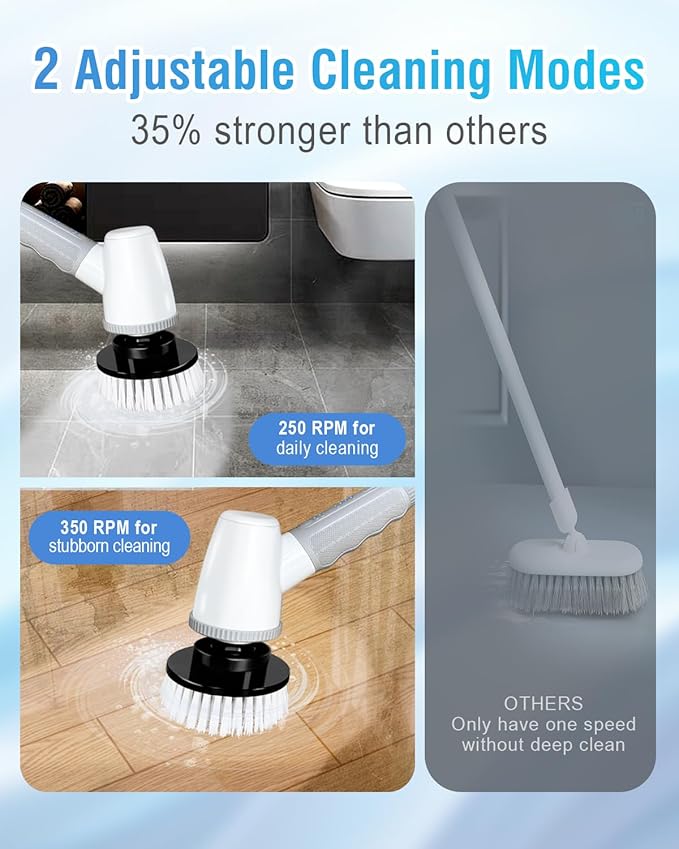 Electric Spin Scrubber Bathroom Scrubber - Cordless Shower Scrubber with Adjustable Handle 2 Speeds Bathroom Scrubber with 8 Replaceable Brush Heads Power Scrubber for Bathroom Bathtub Cleaning