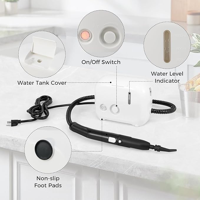 COSTWAY 1500W Portable Steam Cleaner Household Steamer with 34 oz/1 L Water Tank Multipurpose Pressurized Steam Cleaning Machine for Car Upholstery Kitchen Bathroom Grout &amp Tile White