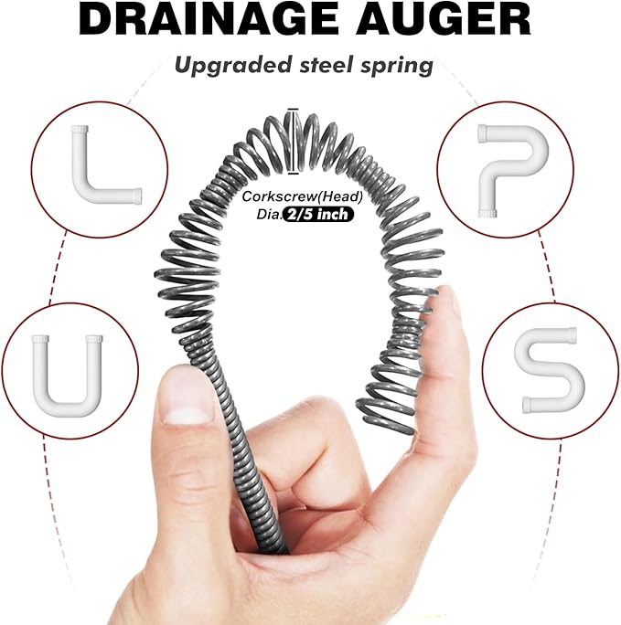 Drain Auger 16 Ft with Gloves Flexible Plumbing Snake Drain Auger Hair Clog Remover for Shower Bathtub Drain Bathroom Sink Kitchen Cleaning