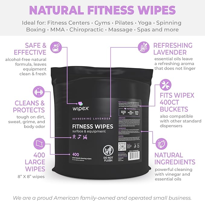 Wipex Gym Wipes Bucket Refill – EWG Verified 400 Ct Plant-based Fitness Equipment Wipes Lavender and Vinegar to Clean Surfaces Safe Yoga Mat Cleaner Gym Cleaner and Peloton