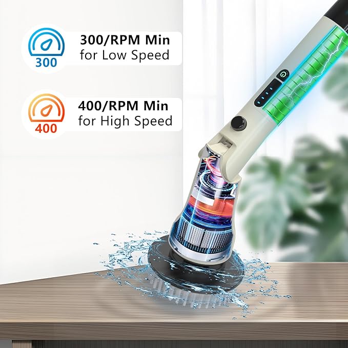 Electric Spin Scrubber Hillyfe Bath Scrubber for Cleaning with 7 Replaceable Brush Heads IPX7 Waterproof300/400 RPM 3 Adjustable SizeCordless Shower Cleaner Brush for Bathroom FloorBeige