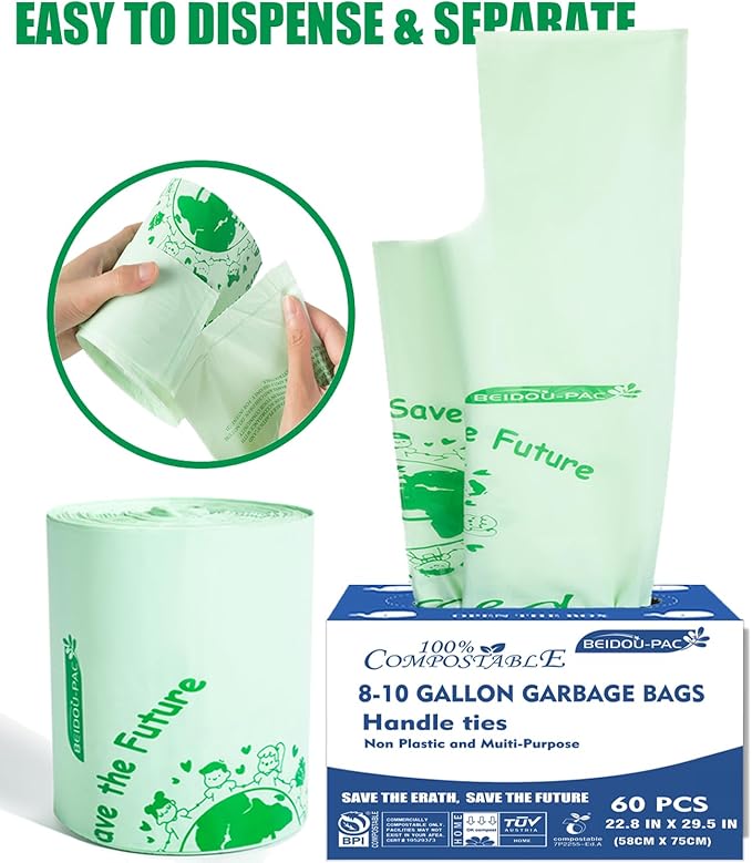 8-10 Gallon Compostable Trash Bags 120 Count Compost Bags Kitchen Trash Bags with Handle Sturdy Biodegradable Garbage Bags Food Scrap Waste Bags ASTM D6400 US BPI Certified