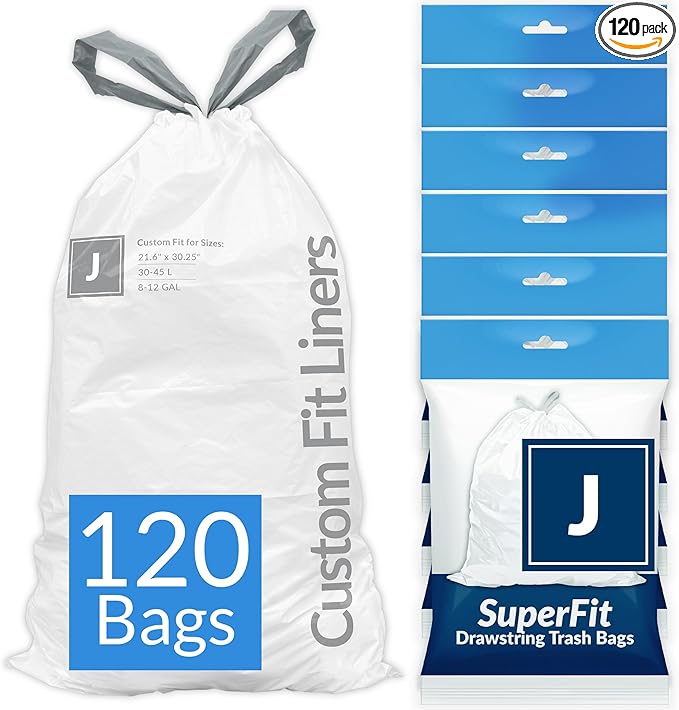 Reli. SuperFit Code J (120 Count) | Compatible with Simplehuman Code J | Dispenser Pack Custom Fit Liners | Drawstring Trash Bags | 30-45 Liter / 8-12 Gallon | White