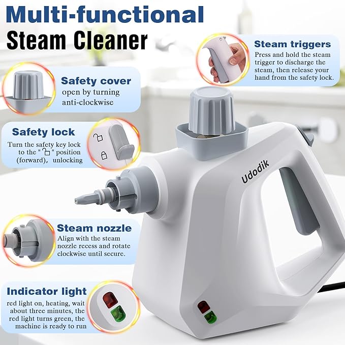Handheld Steam Cleaner versatile and portable design comes with a safety lock and a 10-piece accessory set to easily remove dirt and grease (white).