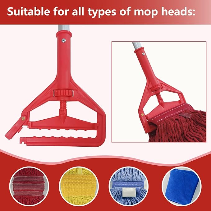 mop Holder Replacement mop Stick mop Handle Heavy-Duty Commercial Industrial mop Handle Suitable for Cotton and Fiber mop Heads with Threaded Clamping Device Aluminum Handle red mop Stick
