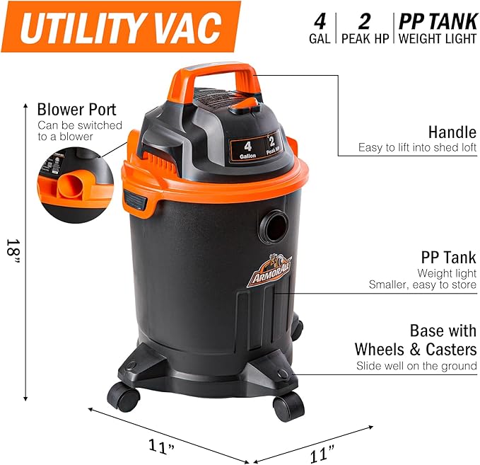 Armor All VO405P 0901 4 Gallon Wet/Dry Vac 2.0 Peak HP Shop Vacuum with Nozzles &amp BrushBlack/Orange
