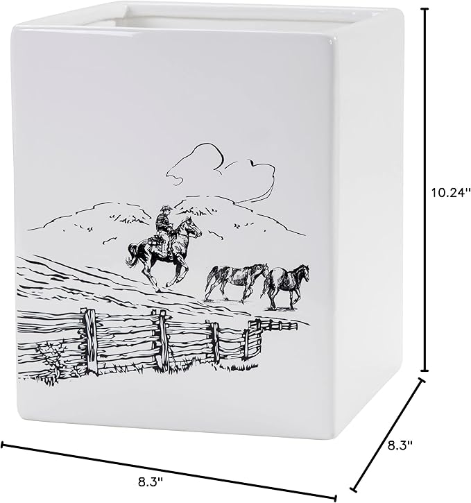 Paseo Road Ranch Life Western Bathroom Accessories Ceramic Waste Basket with Black and White Cowboy Horse Print Rustic Countertop Bathroom Decor