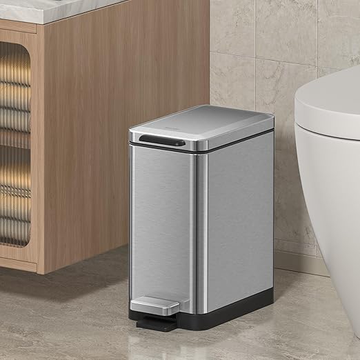 Mbillion Bathroom Trash Can with Lid Slim Stainless Steel Small Bathroom Garbage Can 10 Liter 2.6 Gallon Soft Close Step Pedal Slim Wastebasket for Toilet Office Bedroom Brushed Silver