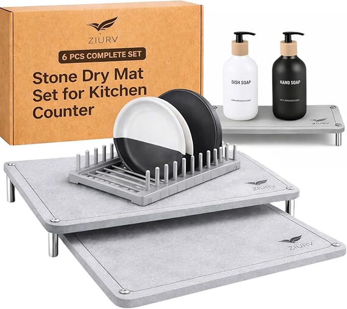 6 PCS Stone Drying Mat Set for Kitchen Counter 2 Large Diatomaceous Earth Dish Drying Mats with Stainless Steel Legs Dish Rack Soap Dispenser Set with Tray Quick Expandable System Dish Dryer Mat