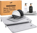 6 PCS Stone Drying Mat Set for Kitchen Counter 2 Large Diatomaceous Earth Dish Drying Mats with Stainless Steel Legs Dish Rack Soap Dispenser Set with Tray Quick Expandable System Dish Dryer Mat