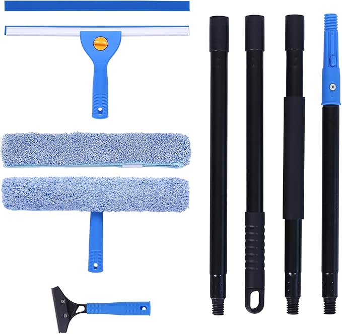 3-in-1 Professional Window Squeegee Kit with 2 Squeegee 2 Microfiber Scrubber 1 Razor Scraper Thick Iron 63.4 Window Squeegee with Extension Pole for Car Glass Mirror Wall Bathroom Home Van