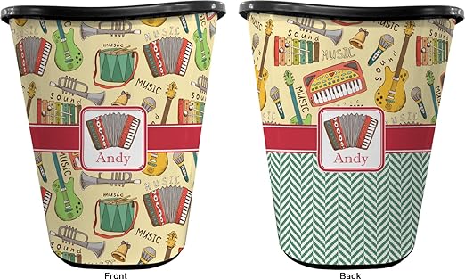 Personalized Vintage Musical Instruments Waste Basket - Double Sided (Black)