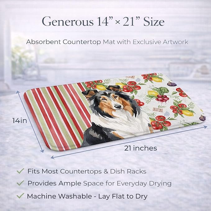 Caroline's Treasures Tricolor Collie Vegetables Dish Drying Mat Absorbent Dish Drying Mat Pad for Kitchen Counter Dish Drainer Mat for Countertop 14 x 21 Multicolor