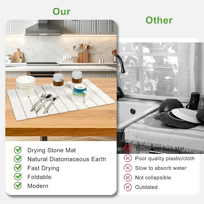 Large Stone Drying Mat for Kitchen Counter - 24x16Quick Drying Fast Absorbent Non-Slip kitchen Dish Drying Mats Friendly Foldable Diatomaceous Earth Mats for Dishes CupsMatch Any Countertop