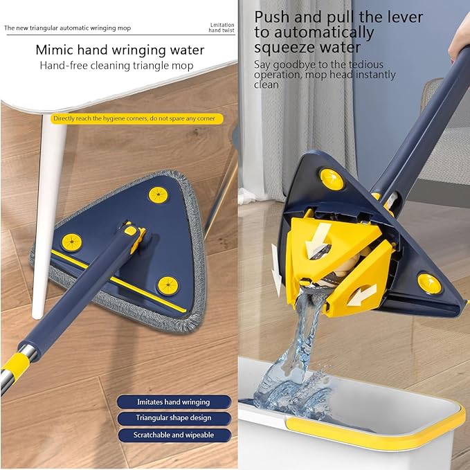 360° Rotatable Adjustable Cleaning MopTriangle Shaped Wall Mop with SqueegeeTelescopicLong Handle Microfiber DustWet and Dry Usefor WallCeilingWindowBaseboard-White||4 Cloth