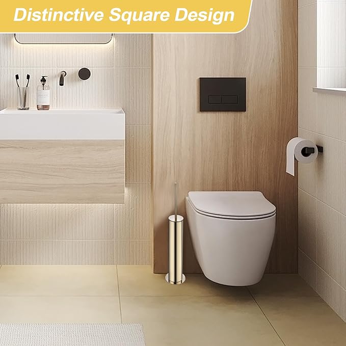 BGL Toilet Brush and Holder Set Heavy Duty 304 Stainless Steel Round Base and Long Handle for Bathroom Deep Cleaning Drip-Proof Space Saving for Storag Polished Gold