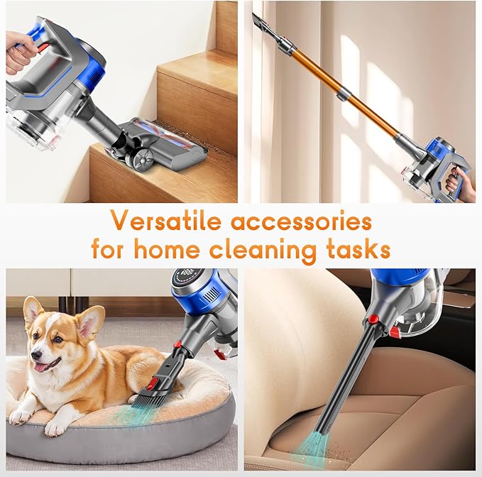 Cordless Stick Vacuum Cleaner - Rechargeable 35Kpa Powerful Vacuums with Detachable Battery LED Display 45Mins Runtime 8 in 1 Handheld Vacuum for Hardfloor &amp Carpets Pet Hair Blue