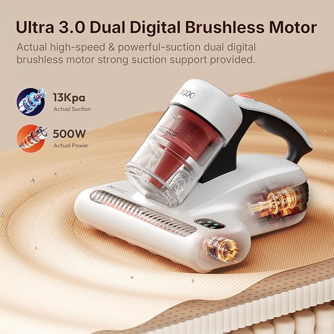 JIGOO J200 Improve Sleep Mattress Vacuum Cleaner Uv Sanitizing Deep Cleaning Bed Vacuum Non-Destructive Fabrics 99.9% Effective Filtration for Allergy Sufferers