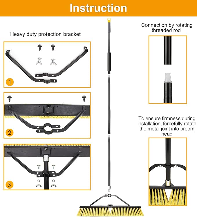 24 Inches Push Broom Outdoor Heavy Duty Broom with 63 Long Handle for Deck Driveway Garage Yard Patio Concrete Floor Cleaning Yellow