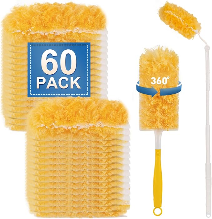 Heavy Duty Duster Refills Disposable Dusters Kit for Cleaning Dusting Furniture Blind Ceiling Fan Multi Surface 360 Feather Duster(60)+3FT Extended Handle +1 Handle