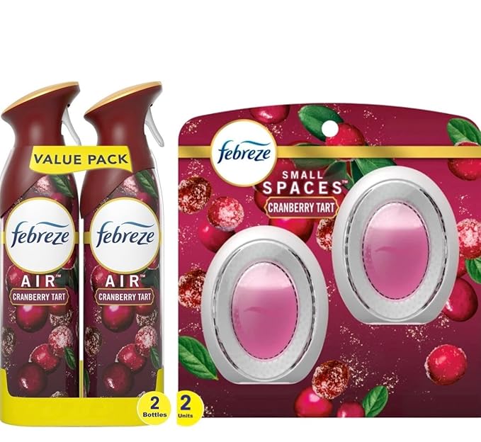 Febreze Air Freshener Odor Fighting Spray Cranberry Tart Limited Edition 8.8 oz. (Pack of 2) + Febreze Small Spaces Air Freshener Limited Edition Scents (Cranberry Tart 2 Count)
