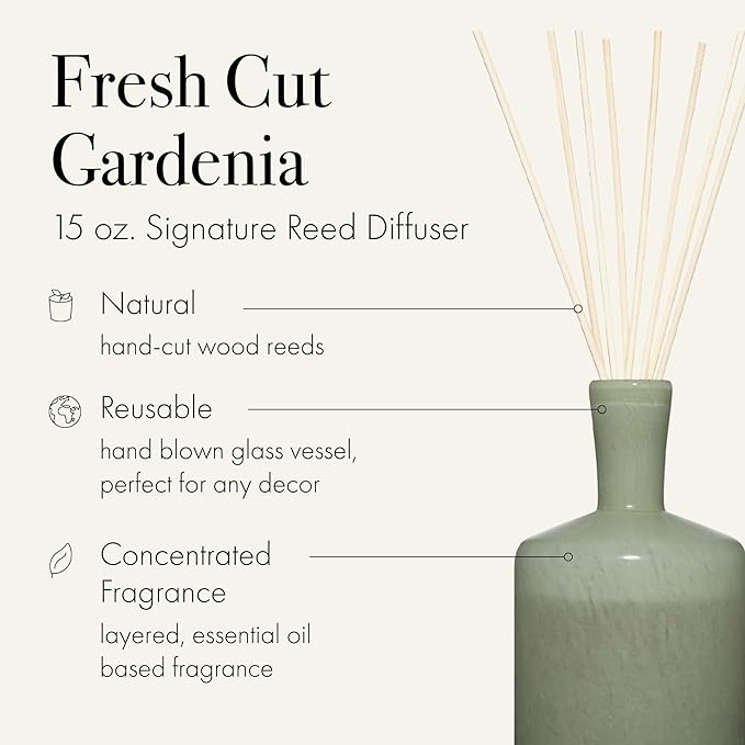 LAFCO New York Signature Reed Diffuser Fresh Cut Gardenia - 15 oz - Up to 9 Months Fragrance Life - Reusable Hand Blown Glass Vessel - Natural Wood Reeds - Made in The USA