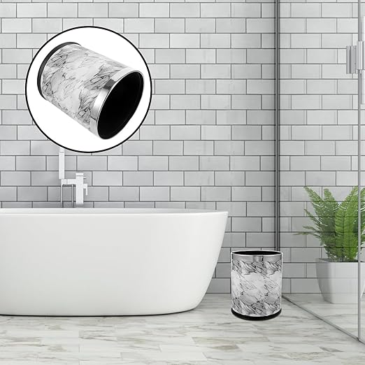 Marble Pattern Trash Can 10L Metallic Rim Garbage Container Bathroom Wastebasket for Home Office Bedroom Kitchen
