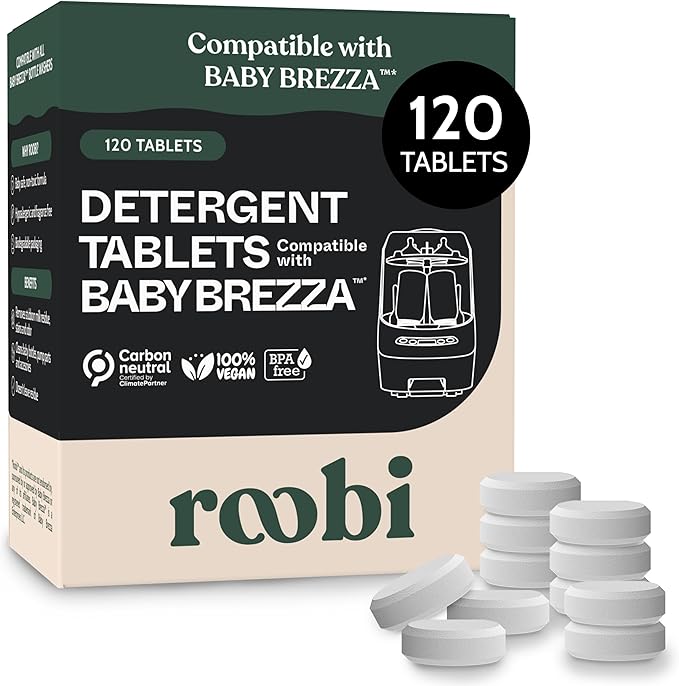 Roobi Detergent Tablets Compatible with Baby Brezza Bottle Washer Pro. Removes Milk Residue &amp Odor Hypoallergenic Carbon Neutral Formula. 120 Count.