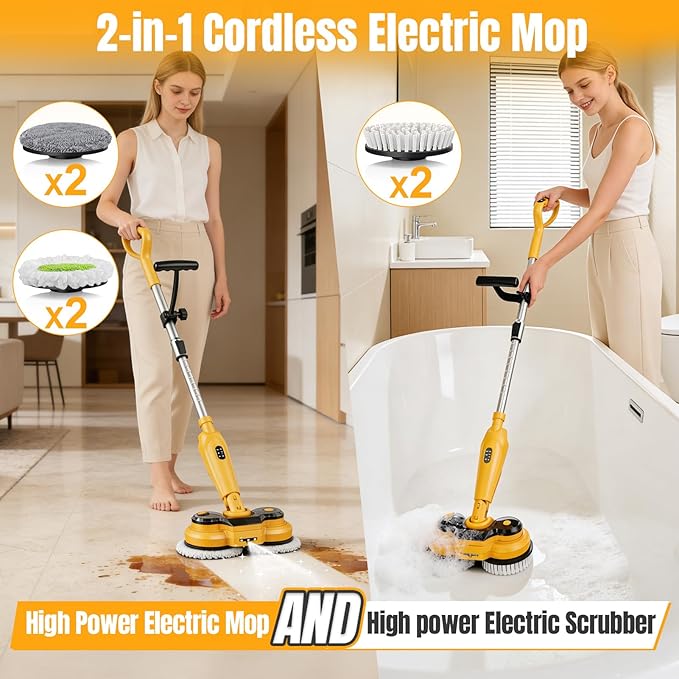 Cordless Electric Mop for Dewalt 20V Battery (NO Battery) 2 in 1 Spin Mop &amp Electric Floor Scrubber Machine with LED Light &amp Water Spray 800 RPM Rotating Electric Mops for Floor Cleaning (Ye