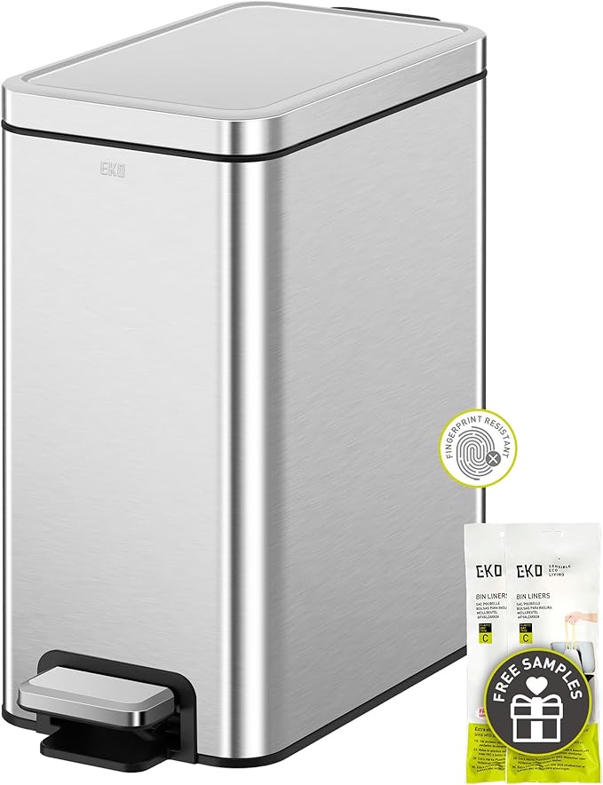 EKO Small Bathroom Trash Can with Lid Soft Close Step Pedal 10 Liter / 2.6 Gallon Stainless Steel Garbage Can with Removable Inner Bucket Anti-Fingerprint Finish (Silver)