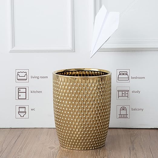 Modern Golden Small Trash Can Wastebasket Garbage Container Bin for Bathrooms Powder Rooms Kitchens Home Offices - Durable Ceramics - Round