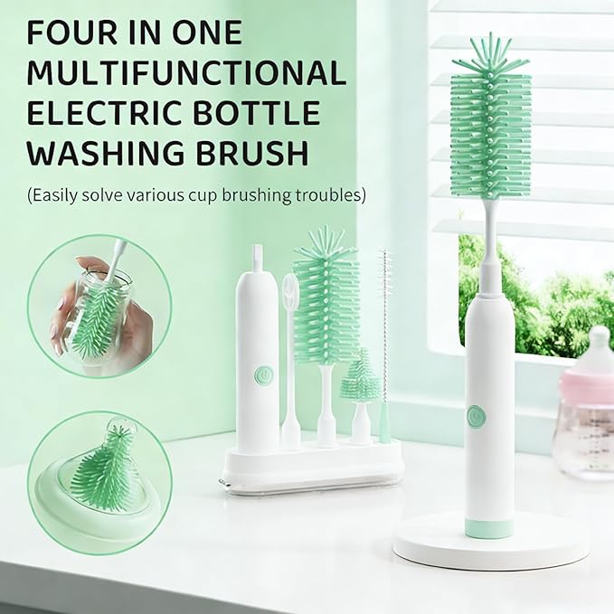 Rechargeable Electric Bottle Brush with Stand - 360° Spin Silicone Cleaner for Baby Bottles Breast Pumps &amp Small Household Containers (Light Green)
