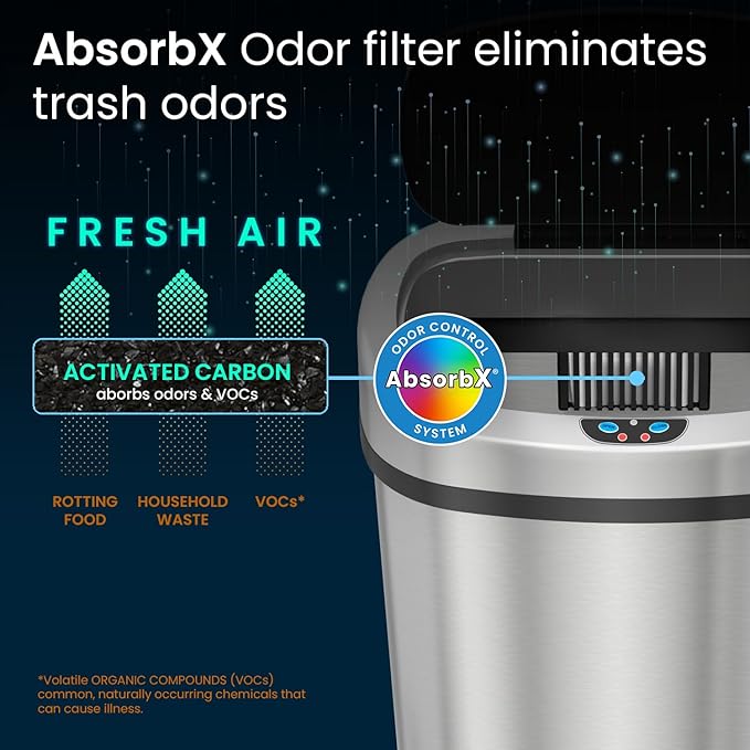 iTouchless Automatic Oval Trash Can with 3 Odor Filters Big Lid Opening Touchless Sensor Kitchen Trash Bin 13 Gallon Stainless Steel