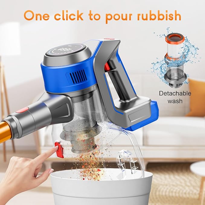 Cordless Stick Vacuum Cleaner - Rechargeable 35Kpa Powerful Vacuums with Detachable Battery LED Display 45Mins Runtime 8 in 1 Handheld Vacuum for Hardfloor &amp Carpets Pet Hair Blue