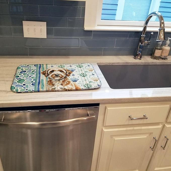 Caroline's Treasures Lagotto Romagnolo Coastal Sea Glass Dish Drying Mat Absorbent Dish Drying Mat Pad for Kitchen Counter Dish Drainer Mat for Countertop 14 x 21 Multicolor