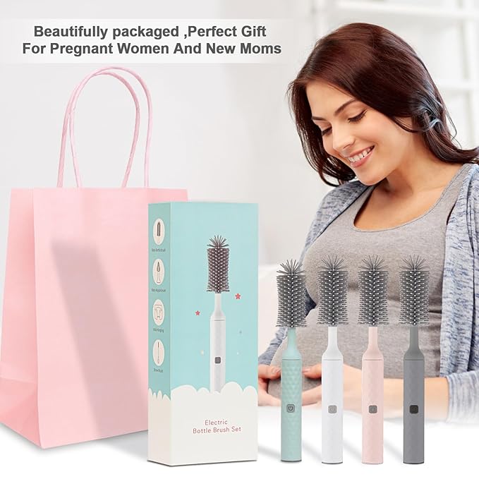 Electric Bottle Brush 4 Piece Bottle Brush Set with Baby Bottle Brush Cleaner Nipple Brush Pacifier Cleaner Straw Cleaner Brush Gifts for Newborns and Mothers Grey