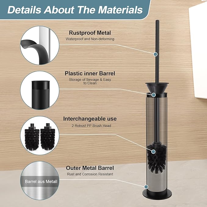BGL Toilet Brush and Holder Set Heavy Duty 304 Stainless Steel Round Base and Long Handle for Bathroom Deep Cleaning Drip-Proof Space Saving for Storag Black
