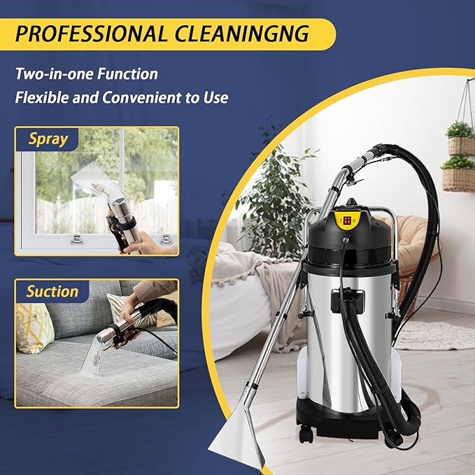 /40L/60L/15.85gal Commercial Carpet Cleaner Machine - 3in1 Wet Dry Upholstery Cleaner with Long Vacuum Head and Round Brush for Carpet Sofa Curtain